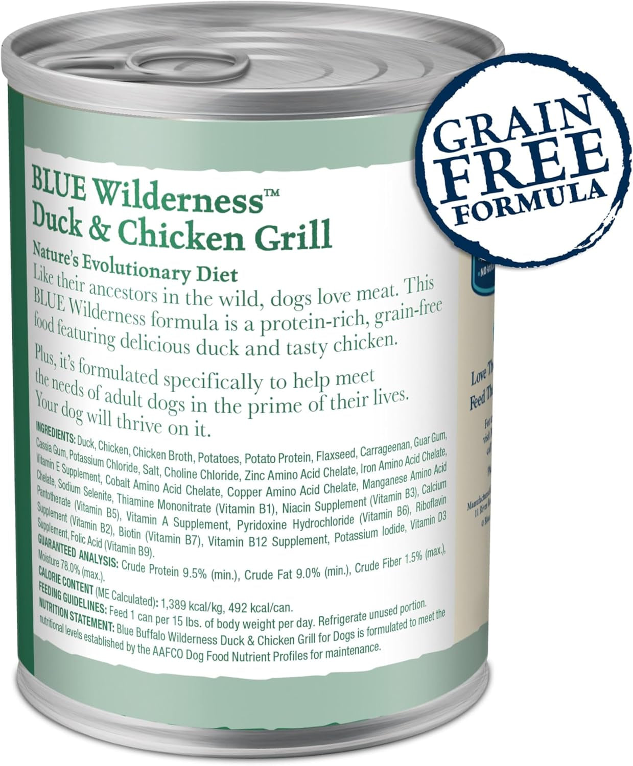 Blue Buffalo Wilderness Adult Wet Dog Food, High-Protein & Grain-Free, Made with Natural Ingredients, Duck & Chicken Grill, 12.5-Oz. Cans, 12 Count