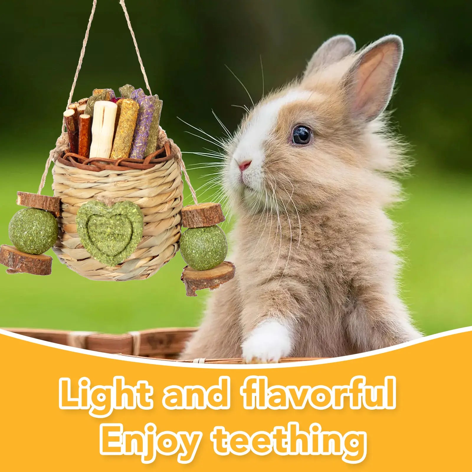 Rabbit Chew Toys Hanging Basket with Sweet Bamboo Timothy Hay Peach Sticks for Bunny Chinchillas Guinea Pigs Hamsters Rats Teeth Grinding Pets