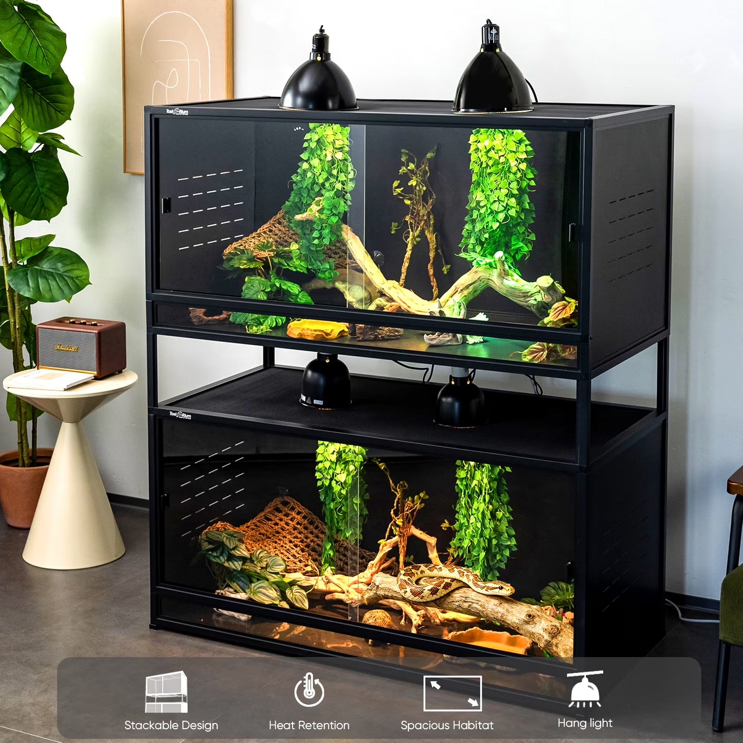 Toxirium 44X20X20 Inch 76 Gallon PVC Reptilie Terrarium, Stackable Enclosure with Sliding Doors for Bearded Dragons, Lizards and Snakes
