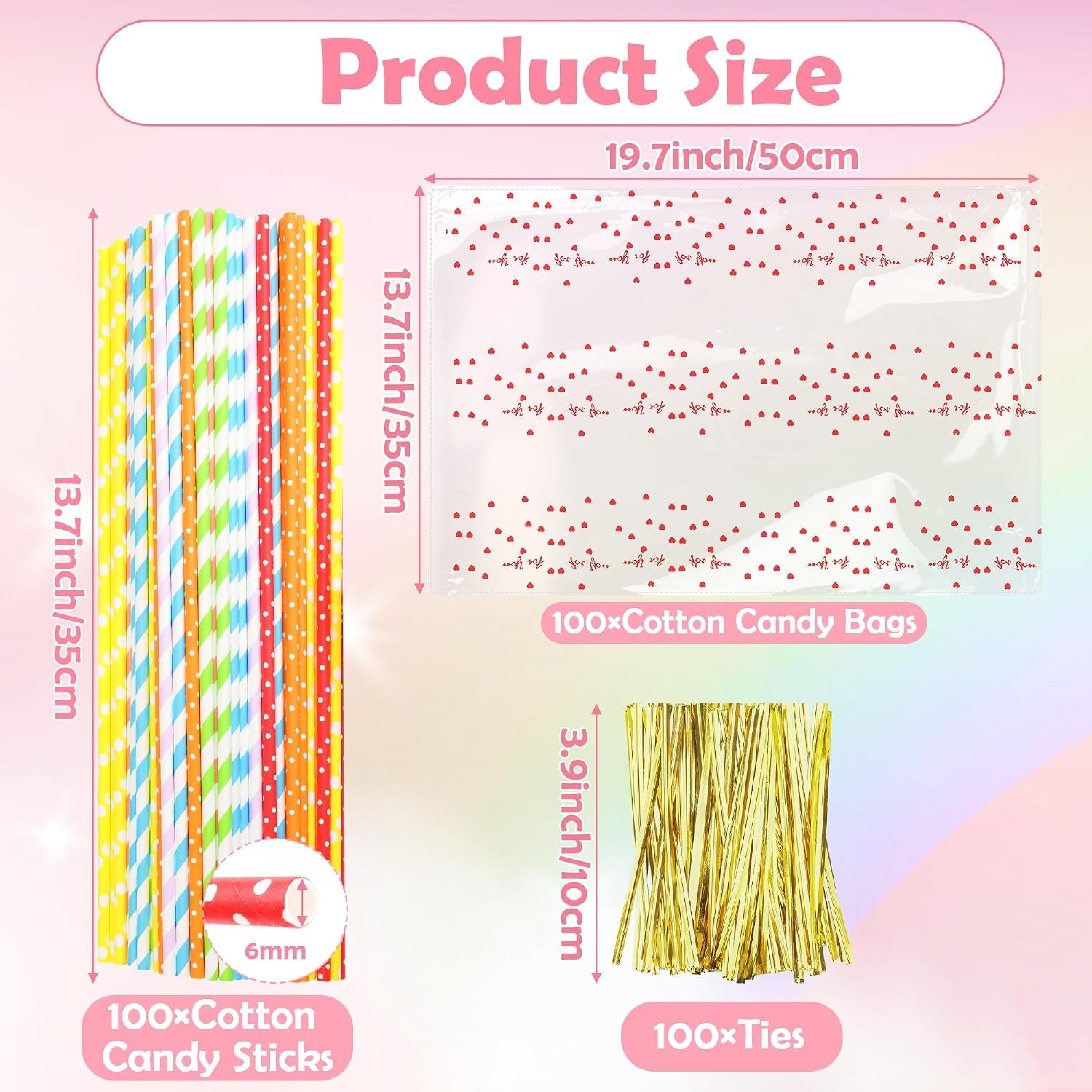 Coitak 100 PCS Cotton Candy Sticks, 100 PCS Cotton Candy Bags with Ties, 13.77 Inch Cotton Candy Sticks Random Colorful Cotton Candy Supplies Paper Straws for Candy Making