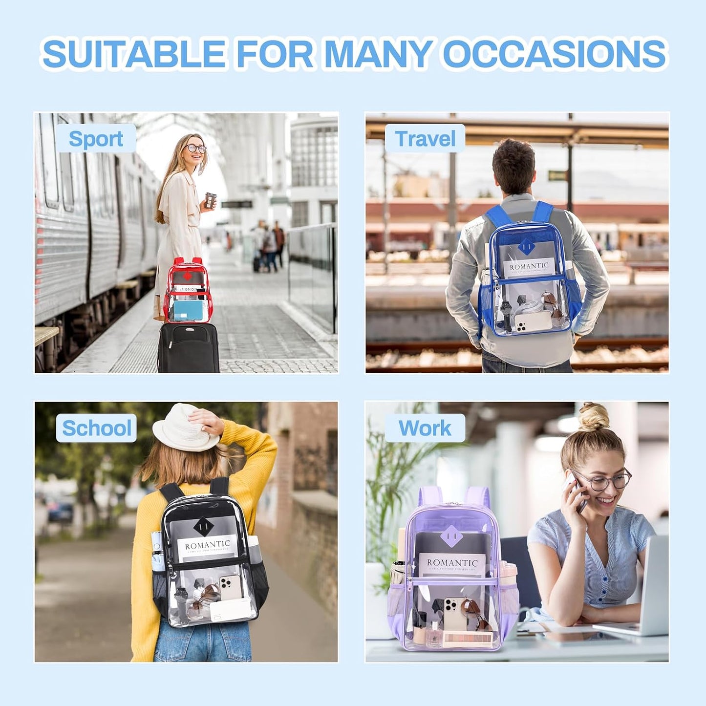 MUSEVOS Clear Backpack Stadium Approved, Heavy Duty See through Book Bag, Black Transparent