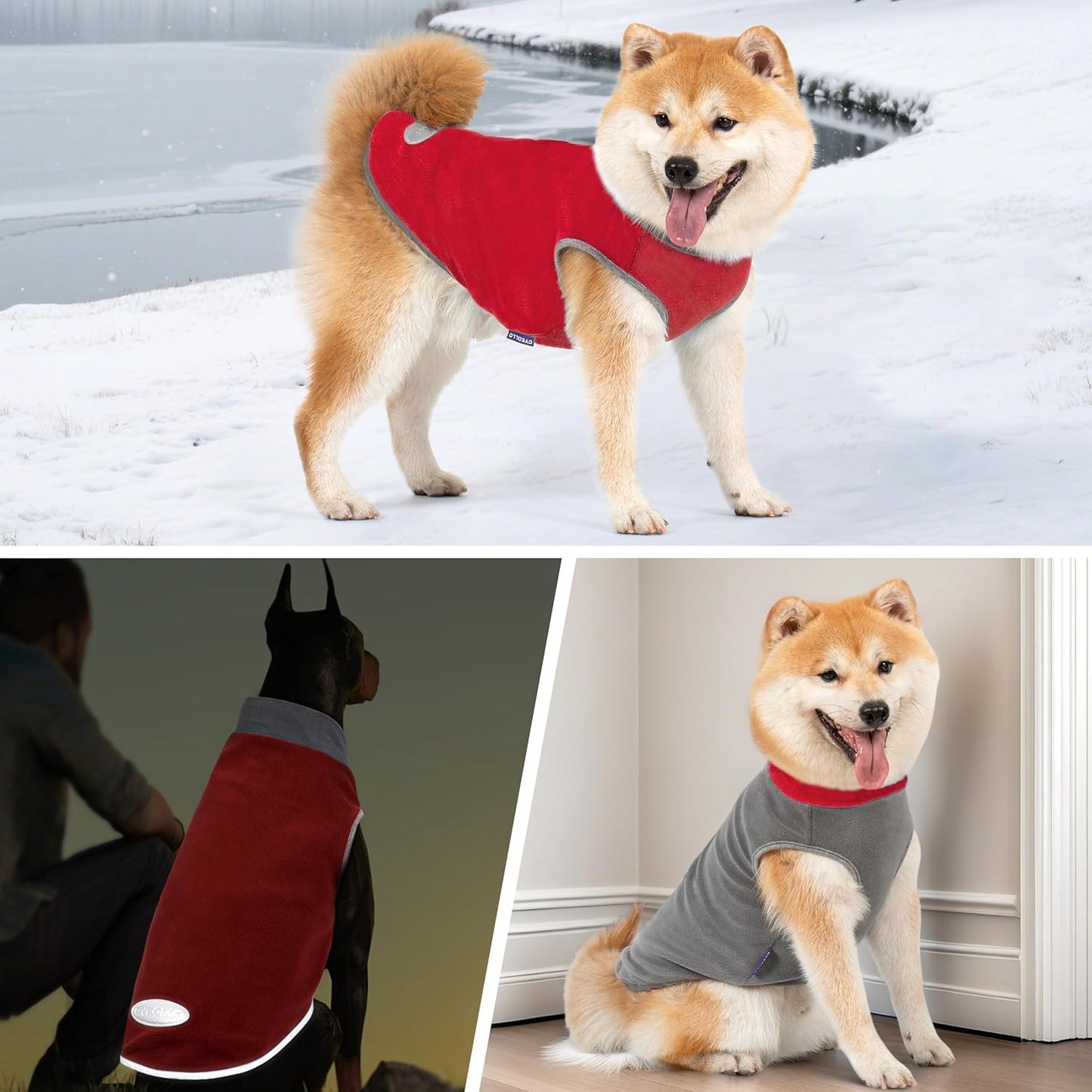 Cyeollo 2 Pack Dog Fleece Sweater Stretchy Sweatshirt with Reflective Stripe Pullover Soft Jacket Pet Clothes Dog Sweaters for Small Dogs, Red & Grey M