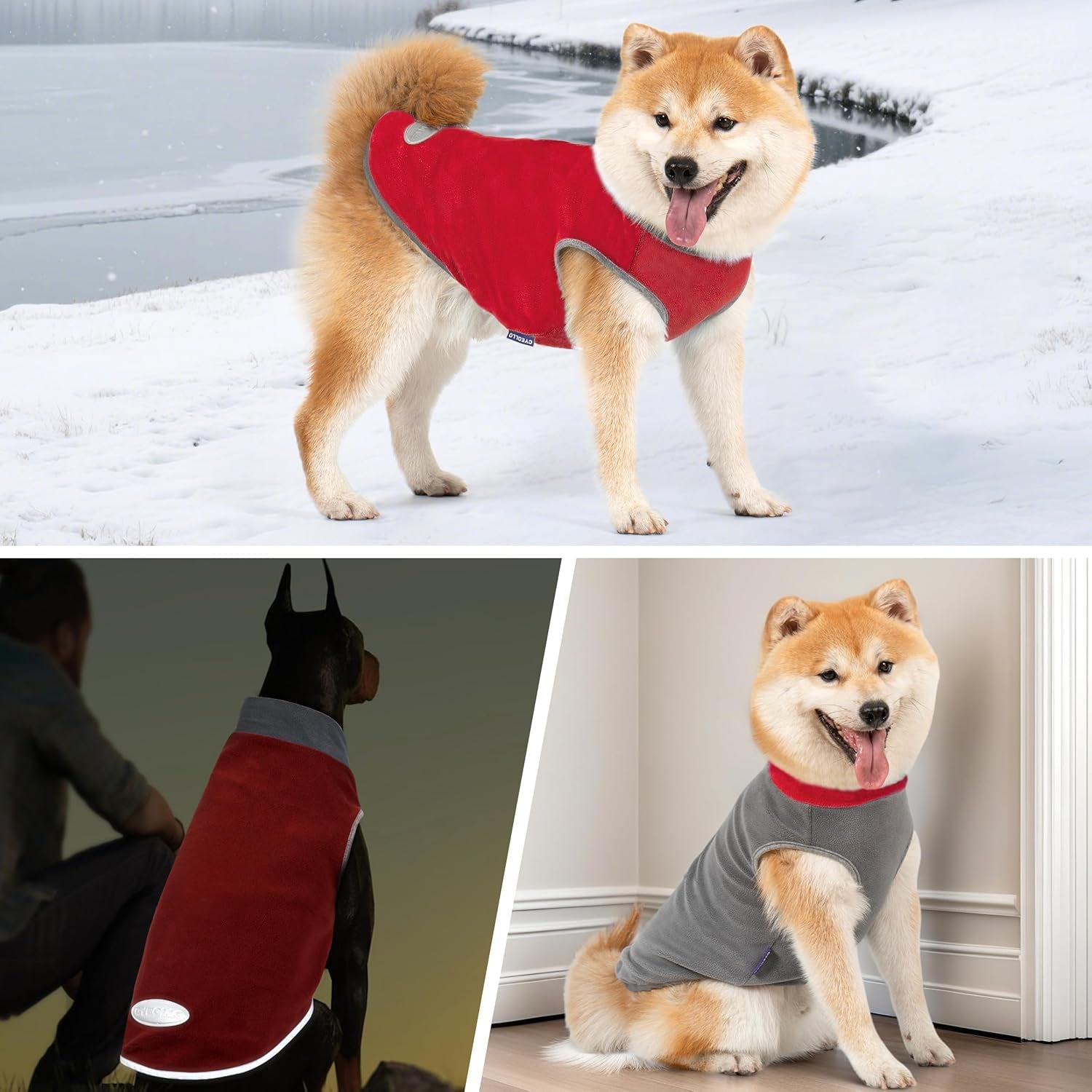 Cyeollo 2 Pack Dog Fleece Sweater Stretchy Sweatshirt with Reflective Stripe Pullover Soft Jacket Pet Clothes Dog Sweaters for Small Dogs, Red & Grey M