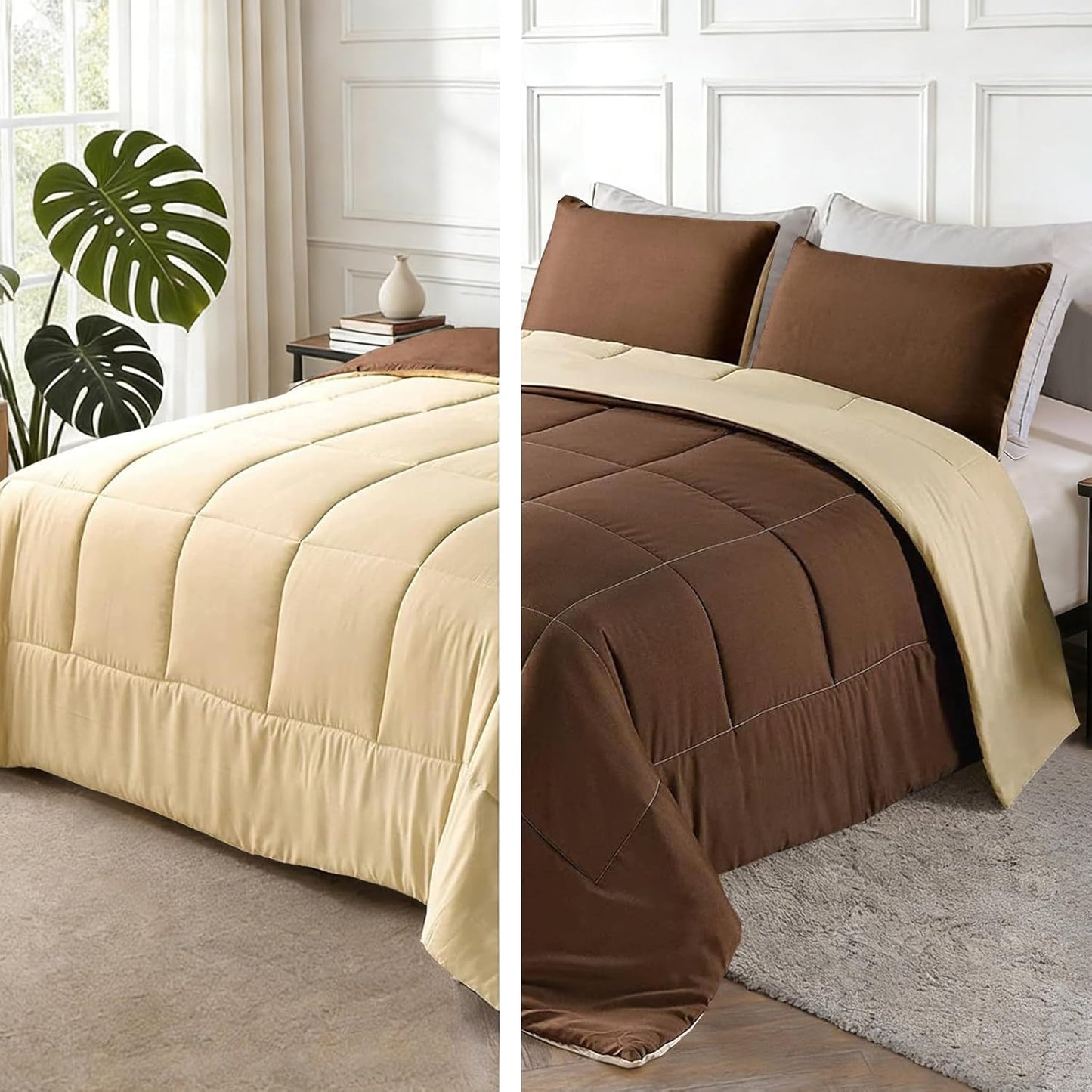 Exclusivo Mezcla Lightweight Reversible Queen Size Comforter Set, down Alternative Comforter with 2 Pillow Sham, Queen Size Bedding Set for All Seasons, Brown/Khaki