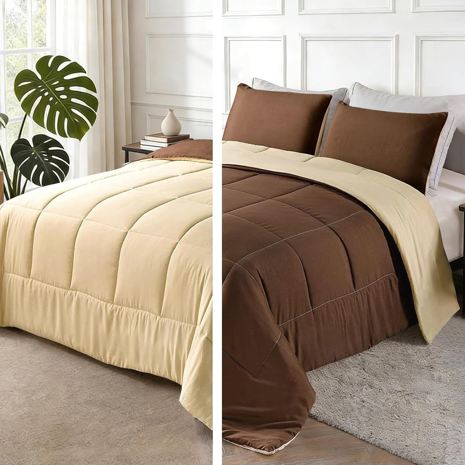 Exclusivo Mezcla Lightweight Reversible Queen Size Comforter Set, down Alternative Comforter with 2 Pillow Sham, Queen Size Bedding Set for All Seasons, Brown/Khaki