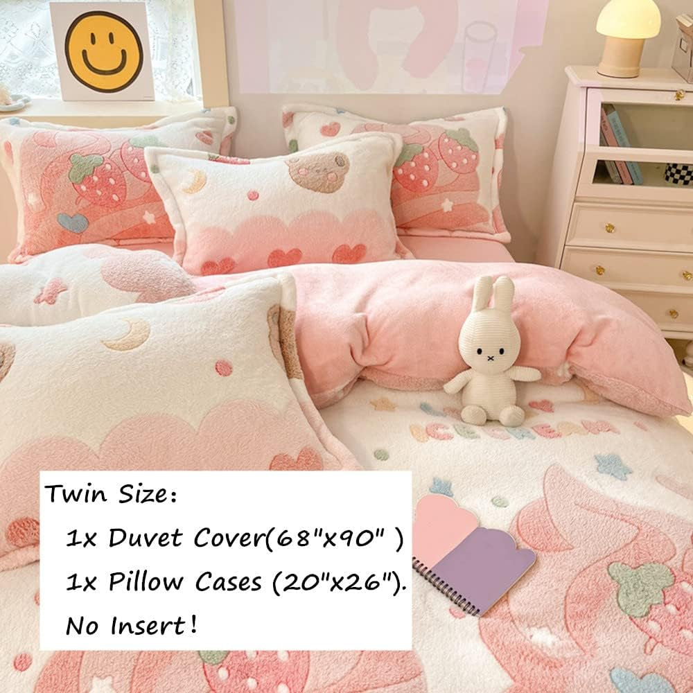 Pink Strawberry Duvet Cover Set Fluffy Kawaii Cartoon Comforter Cover Soft Kids Twin Size Bedding Set (Strawberry)