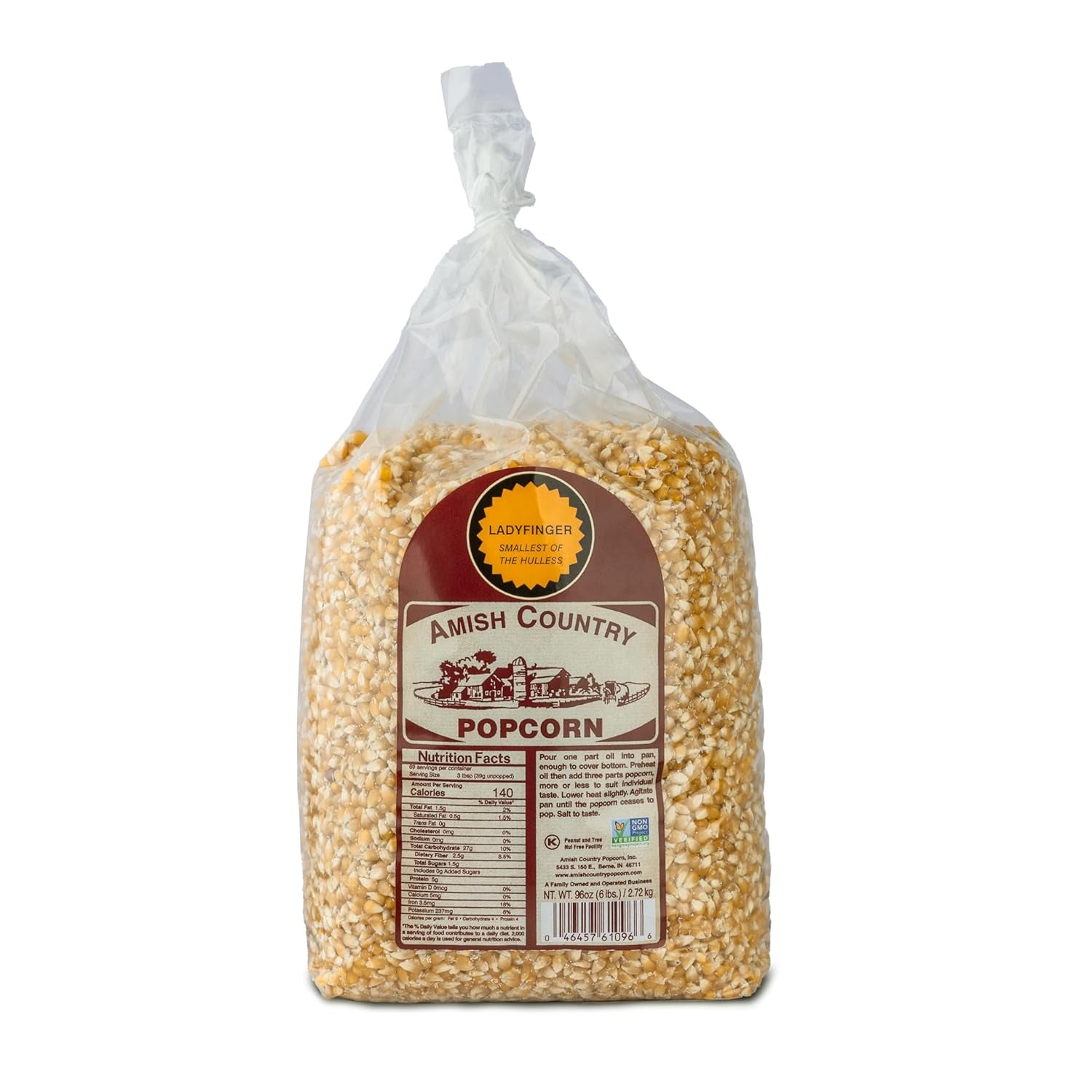 Amish Country Popcorn Ladyfinger Popcorn Kernels, 6LB Bag – Non-Gmo, Gluten Free, Hulless, Old Fashioned Popcorn