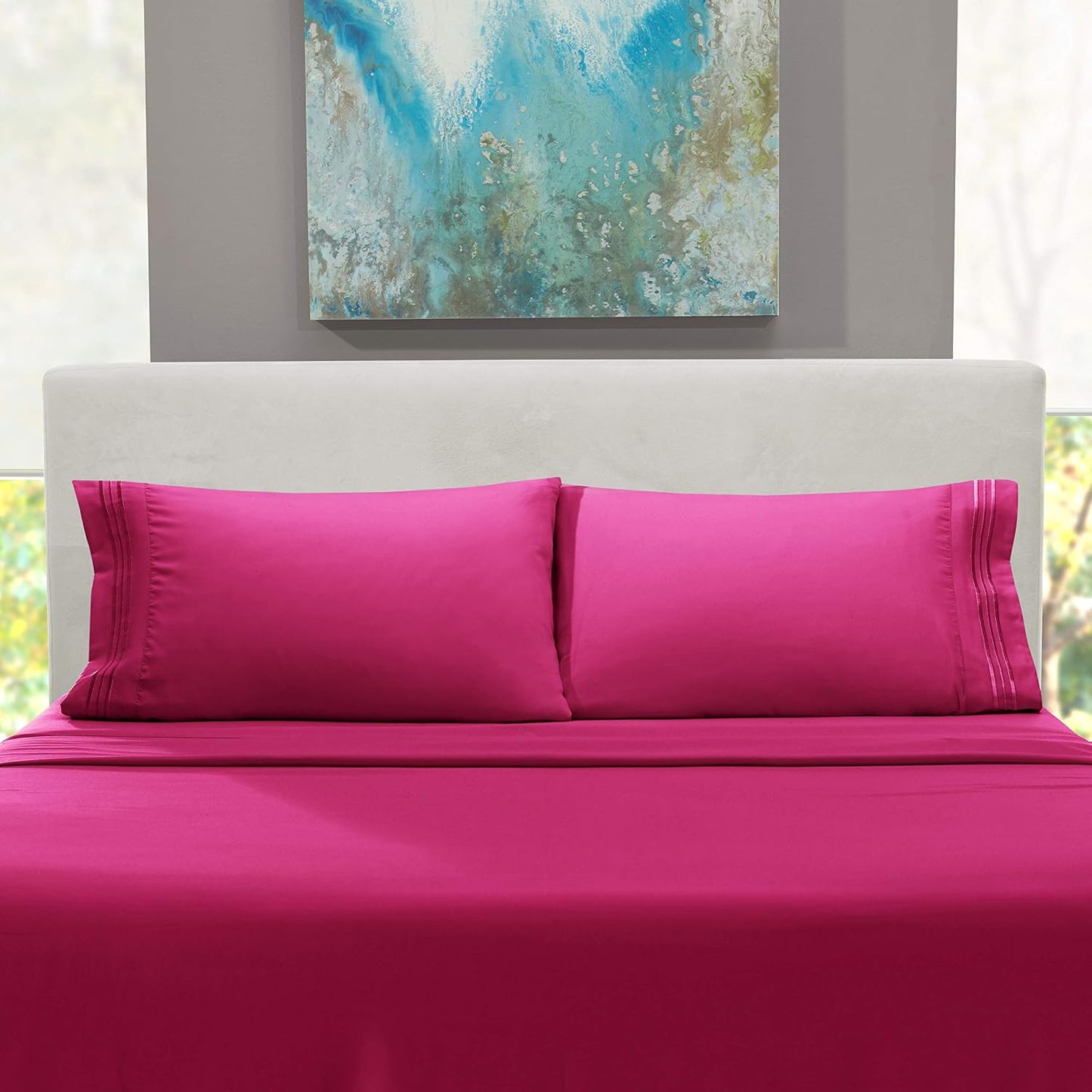 Hearth & Harbor Split King Size Sheets - 5 Piece Bed Sheet Set, Hotel Luxury Double Brushed Bed Sheets - Extra Soft Bedding Sheets & Pillowcases, Split King, Magenta