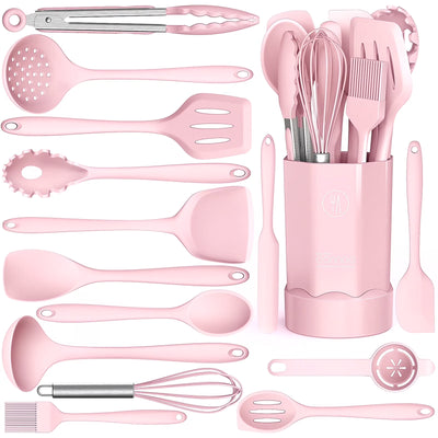 Silicone Cooking Utensils Set - Heat Resistant Kitchen Utensils BPA Free,Turner Tongs,Spatula,Spoon,Brush,Whisk,Kitchen Utensil Gadgets Tools Set for Nonstick Cookware,Dishwasher Safe (Pink)