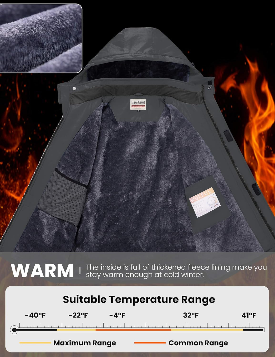 WULFUL Men'S Waterproof Ski Jacket Warm Winter Coats Windproof Winter Jackets for Men Fleece Lined Windbreaker with Hood