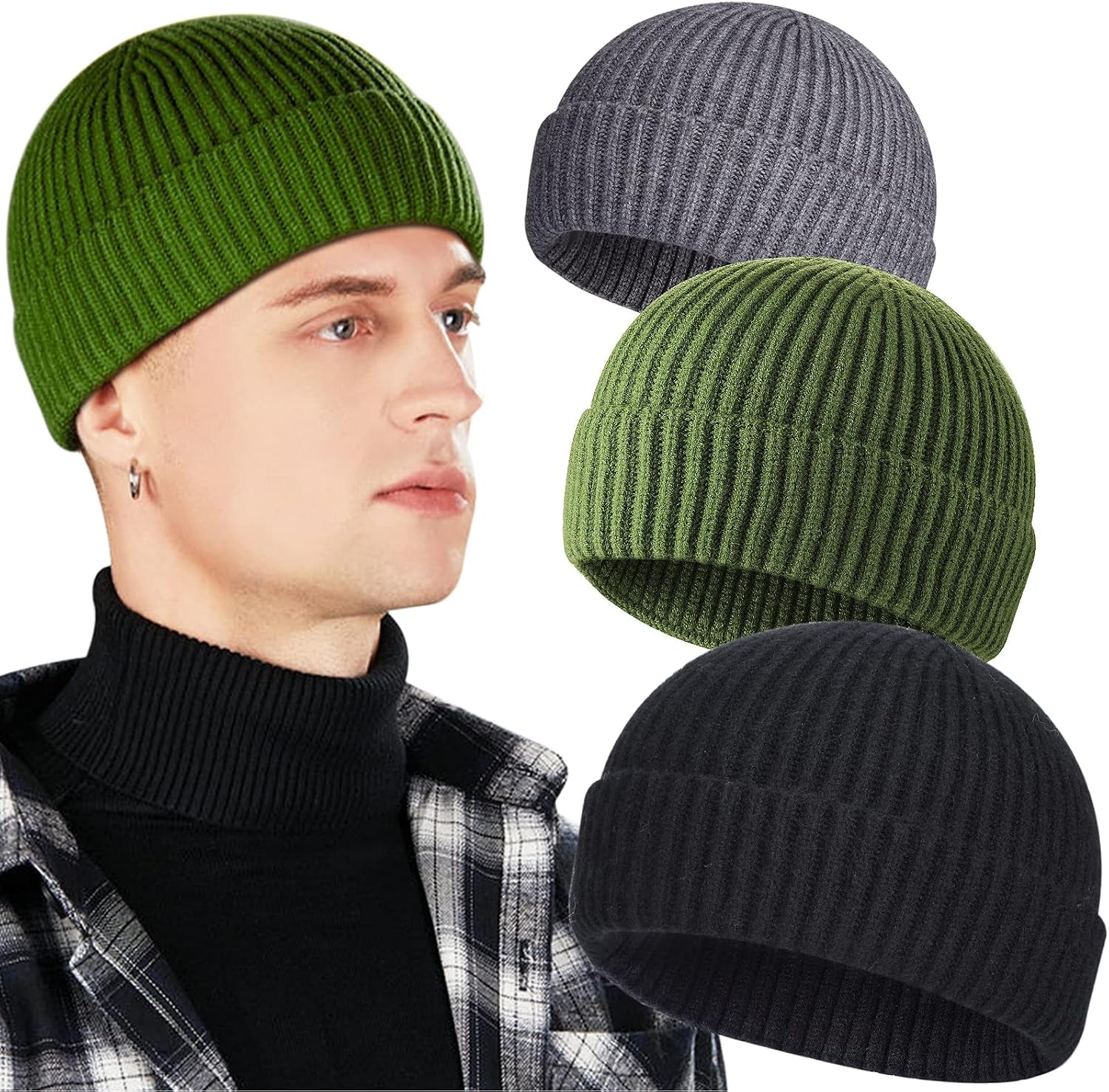 3 Pack Wool Fisherman Beanies for Men, Short Knit Watch Cap Cuffed Hats