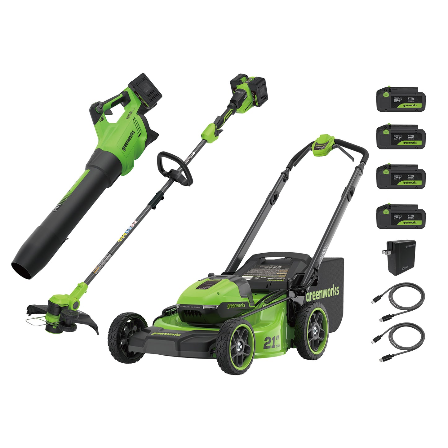 Greenworks 2X24V Mower, Trimmer, Blower Combo Kit with (4) 4Ah Batteries
