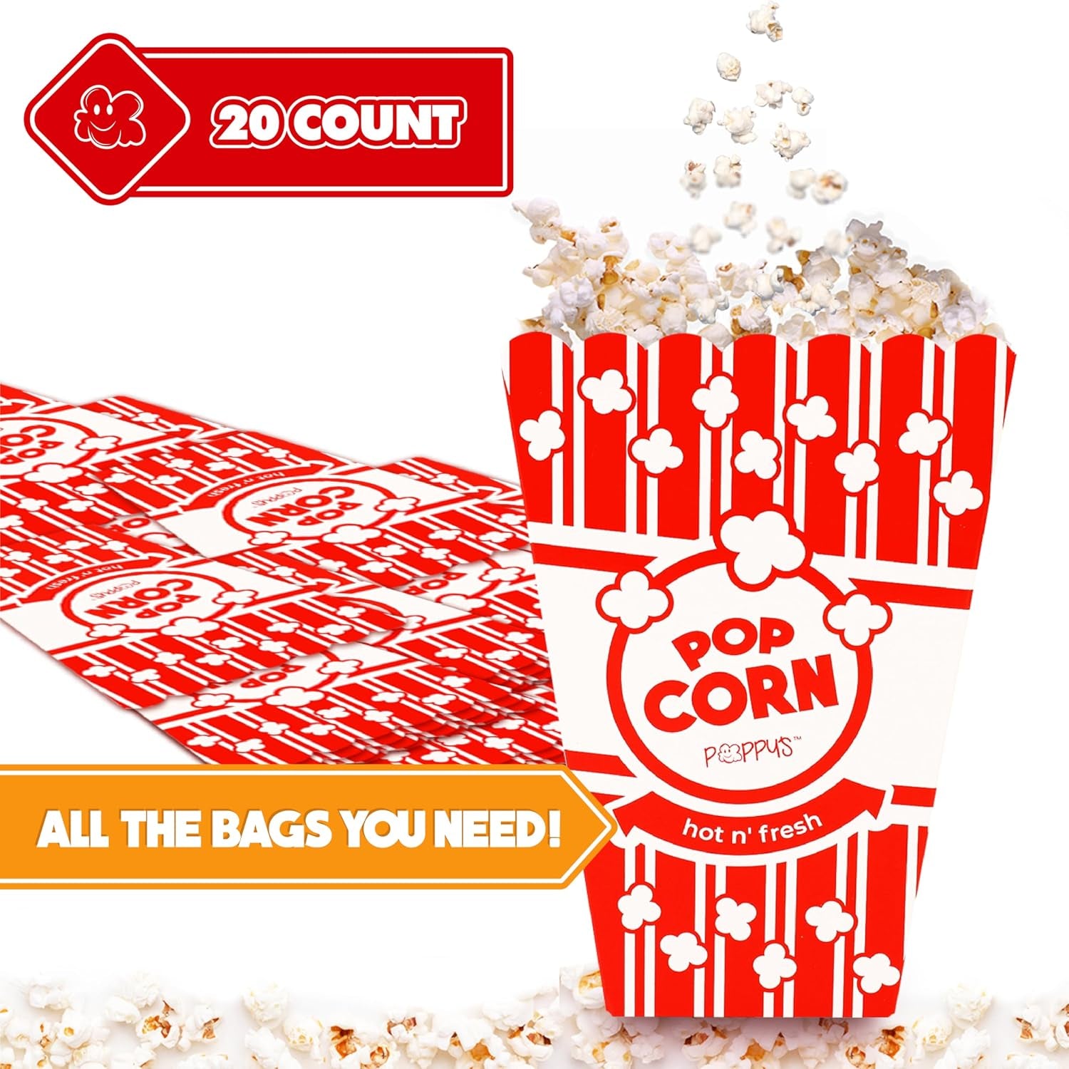 Poppy'S Large Popcorn Boxes – 20 Pack 46 Oz Concession-Grade Popcorn Buckets, Popcorn Machine Accessories for Popcorn Bars, Movie Nights, Concessions