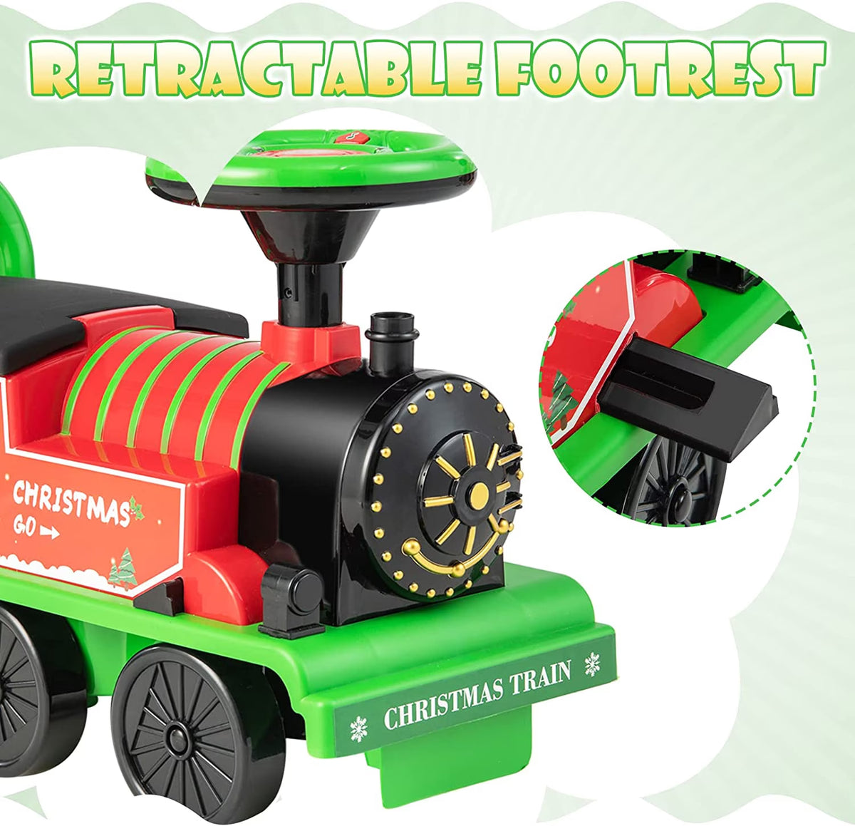 OLAKIDS Kids Ride on Train with Track, 6V Electric Toy with Lights and Sounds, Retractable Footrest, under Seat Storage, Christmas Theme Battery Powered Gift for Toddlers Boys Girls (Christmas Style)