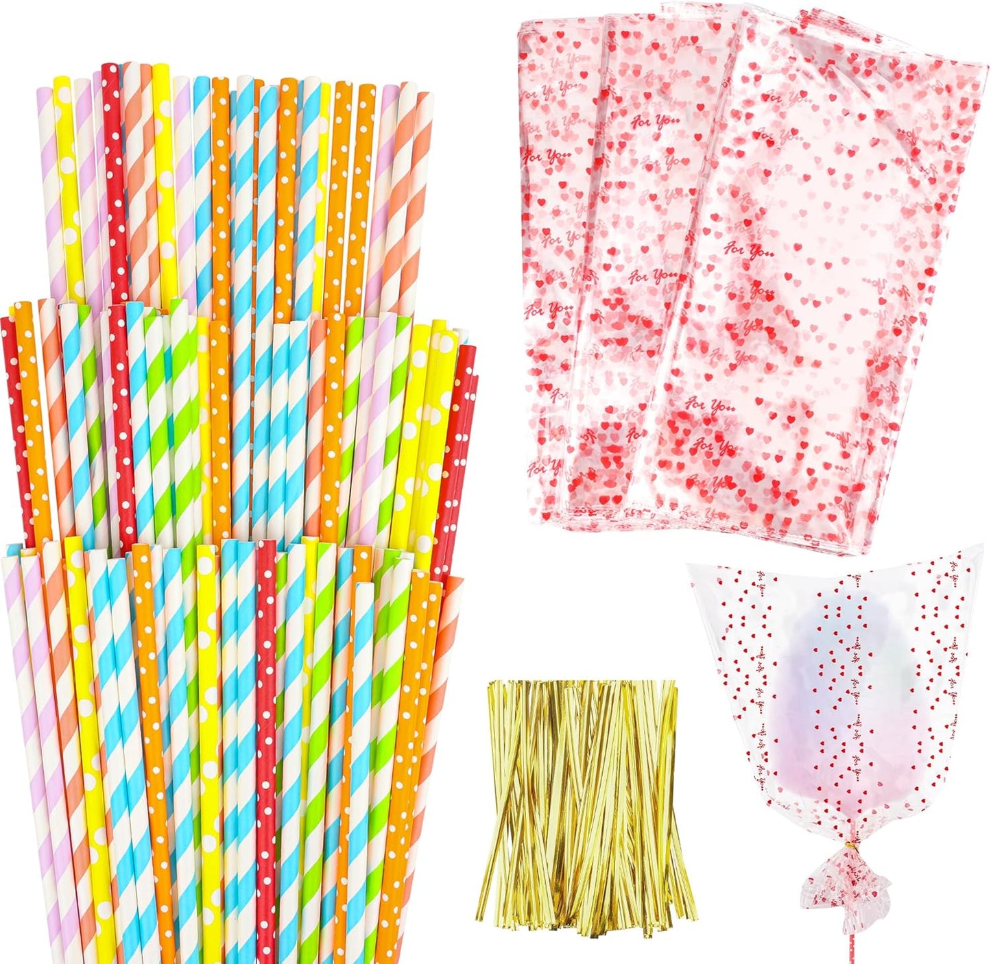 Coitak 100 PCS Cotton Candy Sticks, 100 PCS Cotton Candy Bags with Ties, 13.77 Inch Cotton Candy Sticks Random Colorful Cotton Candy Supplies Paper Straws for Candy Making
