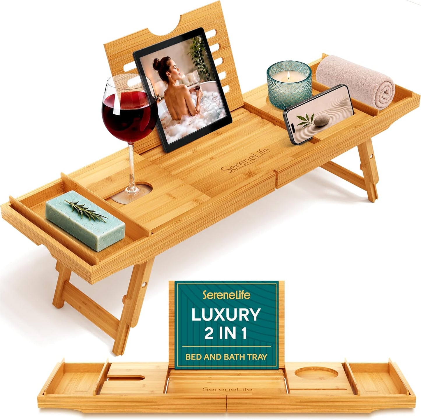 Serenelife Bath Caddy Breakfast Tray Combo - Natural Bamboo Wood Waterproof Tub and Bed with Folding Slide-Out Arms, Device Grooves, Wine Glass Soap Holder