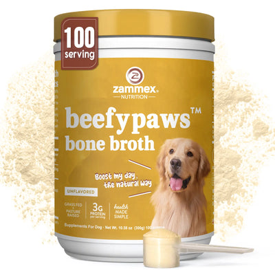 Zammex Beefypaws Bone Broth Powder for Dogs & Cats, 300G Grass-Fed Protein Powder with 19 Amino Acids, Usa-Made, 100-Serve Pet Supplements