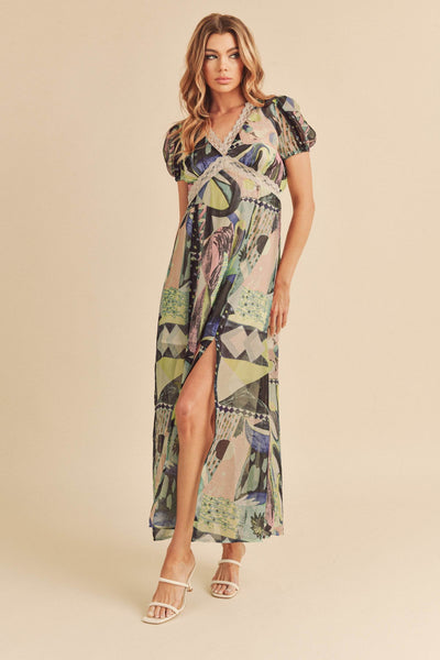 Aemi + Co Lace Detail Slit Geometric Print Short Sleeve Maxi Dress