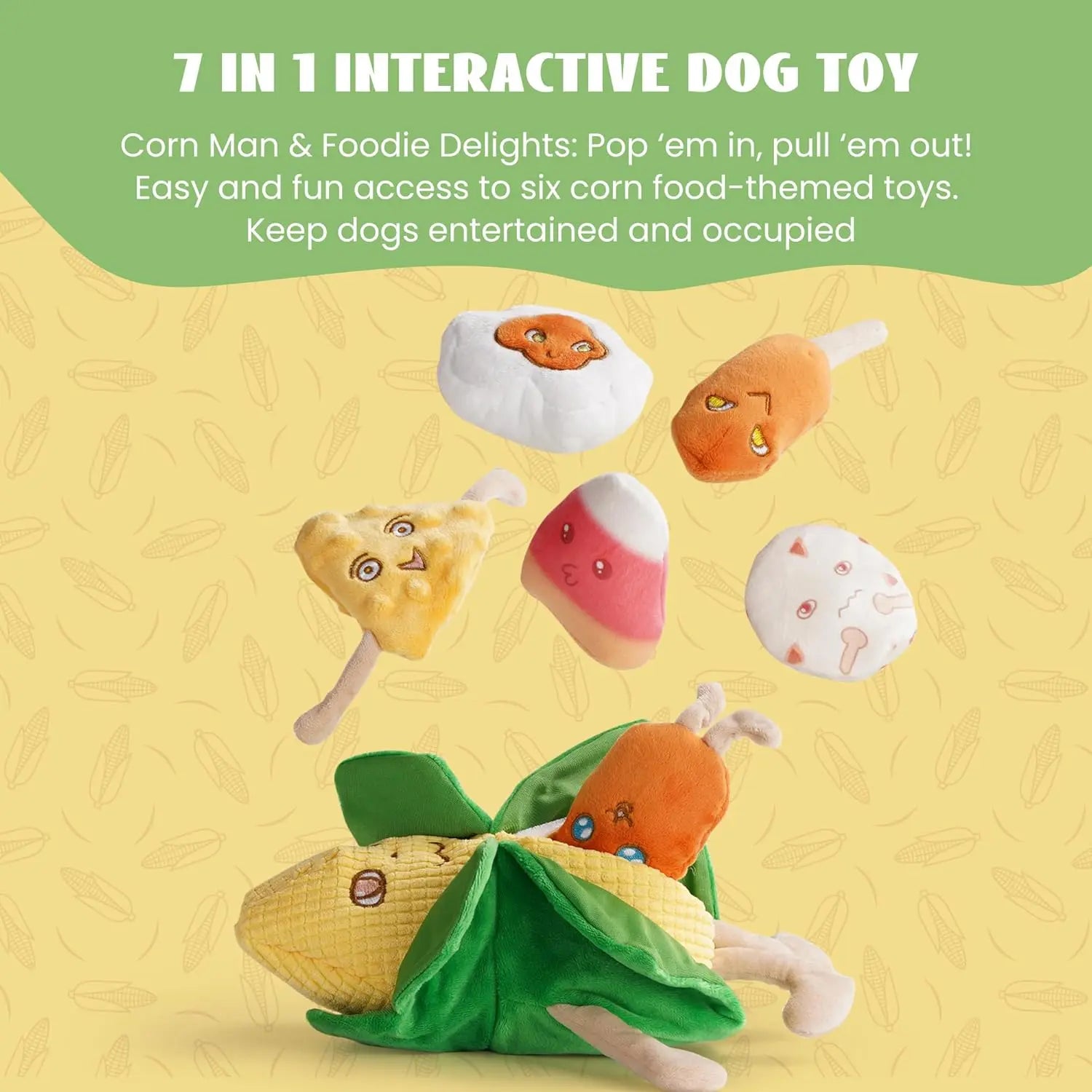 Nocciola 7-In-1 Mr.Cornelius Plush Dog Toy - Big Corn Man with 6 Squeaky & Crinkle Corn Snacks, Training & Enrichment Toys for Small & Medium Dogs