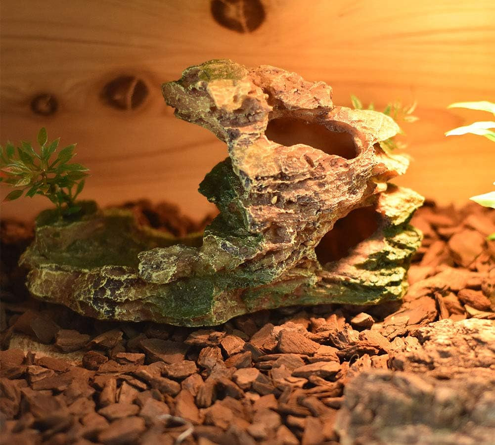 OMEM Reptile Small Hide, Turtles Hide Cage, Artificial Plant Rock, Humidified Habitat Decoration (Red Soil)