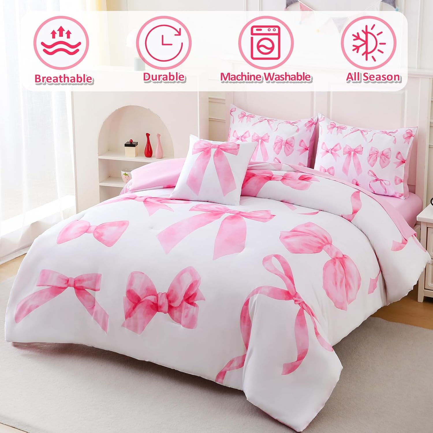 Twin Comforter Sets Pink Bed in a Bag for Girls, 6 Pieces Bow Twin Size Bedding Sets with Sheets for Kids
