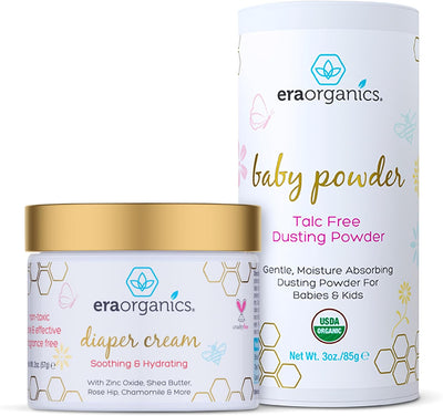 Organic Baby Powder & Diaper Rash Cream– USDA Organic Talc-Free Powder & Zinc Oxide Diaper Cream to Help Soothe, Moisturize & Protect Delicate Skin