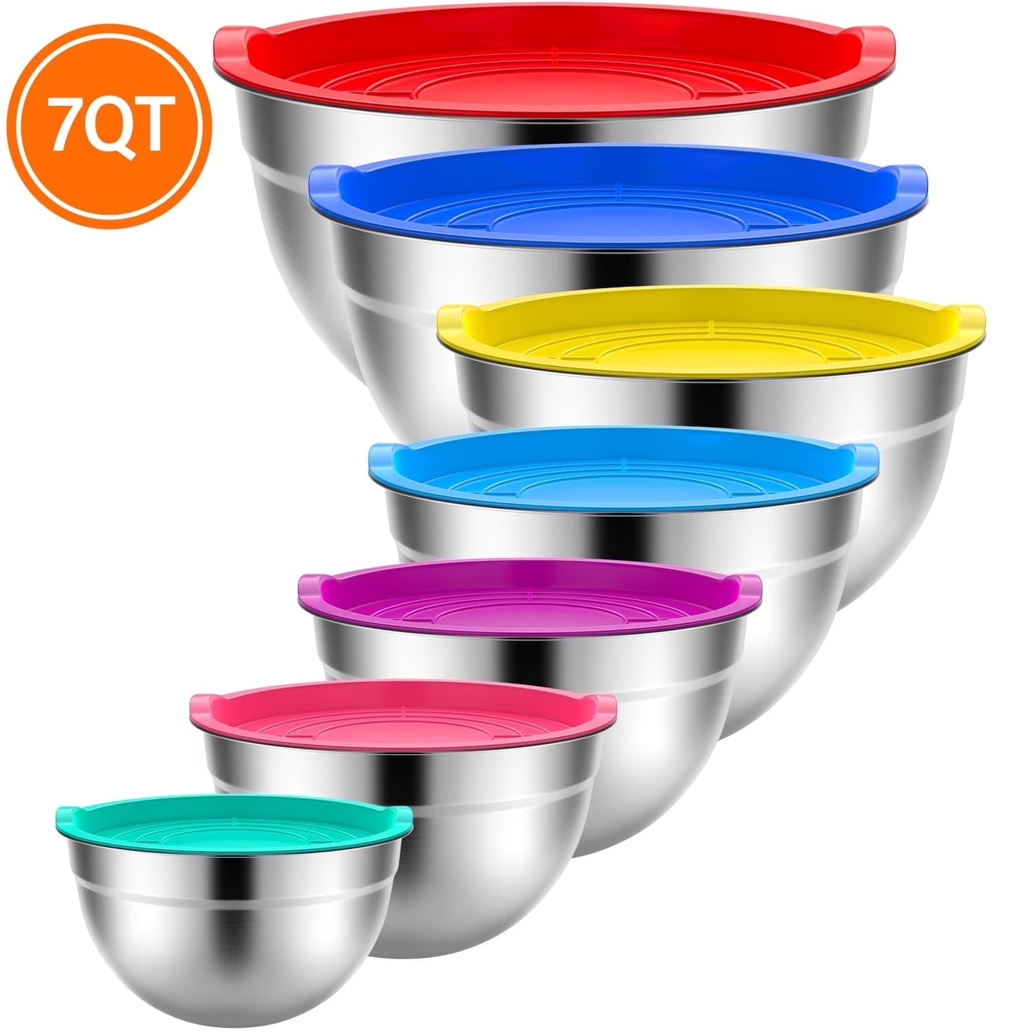 TINANA Mixing Bowls with Lids: 7 Pack Stainless Steel Mixing Bowls Set, Metal Nesting Mixing Bowls for Kitchen, 7/4.5/3.0/2.0/1.5/1.0/0.7QT, Great for Prep, Baking, Serving, Multicolor