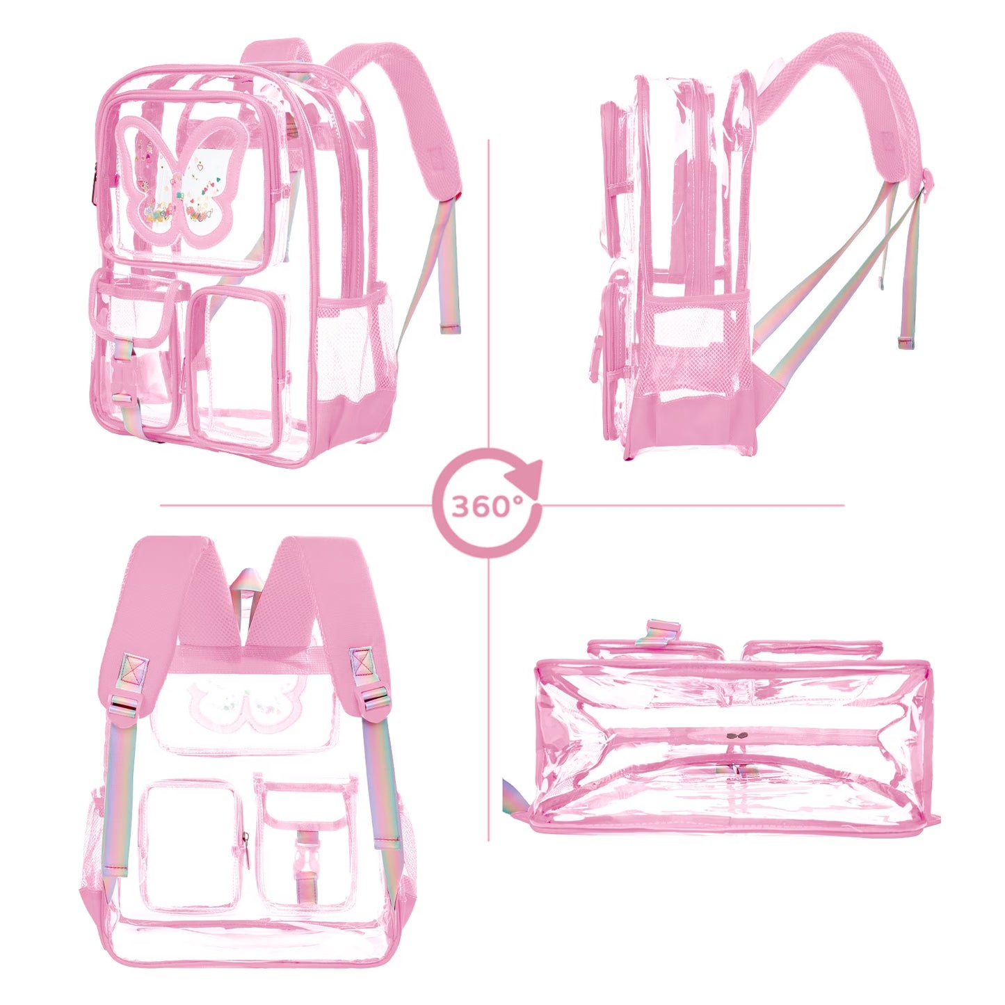 SANMADROLA Clear Backpack Heavy Duty Transparent Bookbag Teen Girlish Cute Bag Large Capacity See through Backpacks Stadium Approved Daypack for Middle School College Sport/Travel, Pink Butterfly