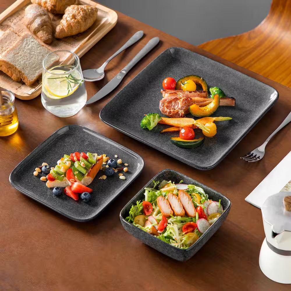12-Piece Gray Stoneware Dinnerware Set Bowls and Plates Set Service for 4