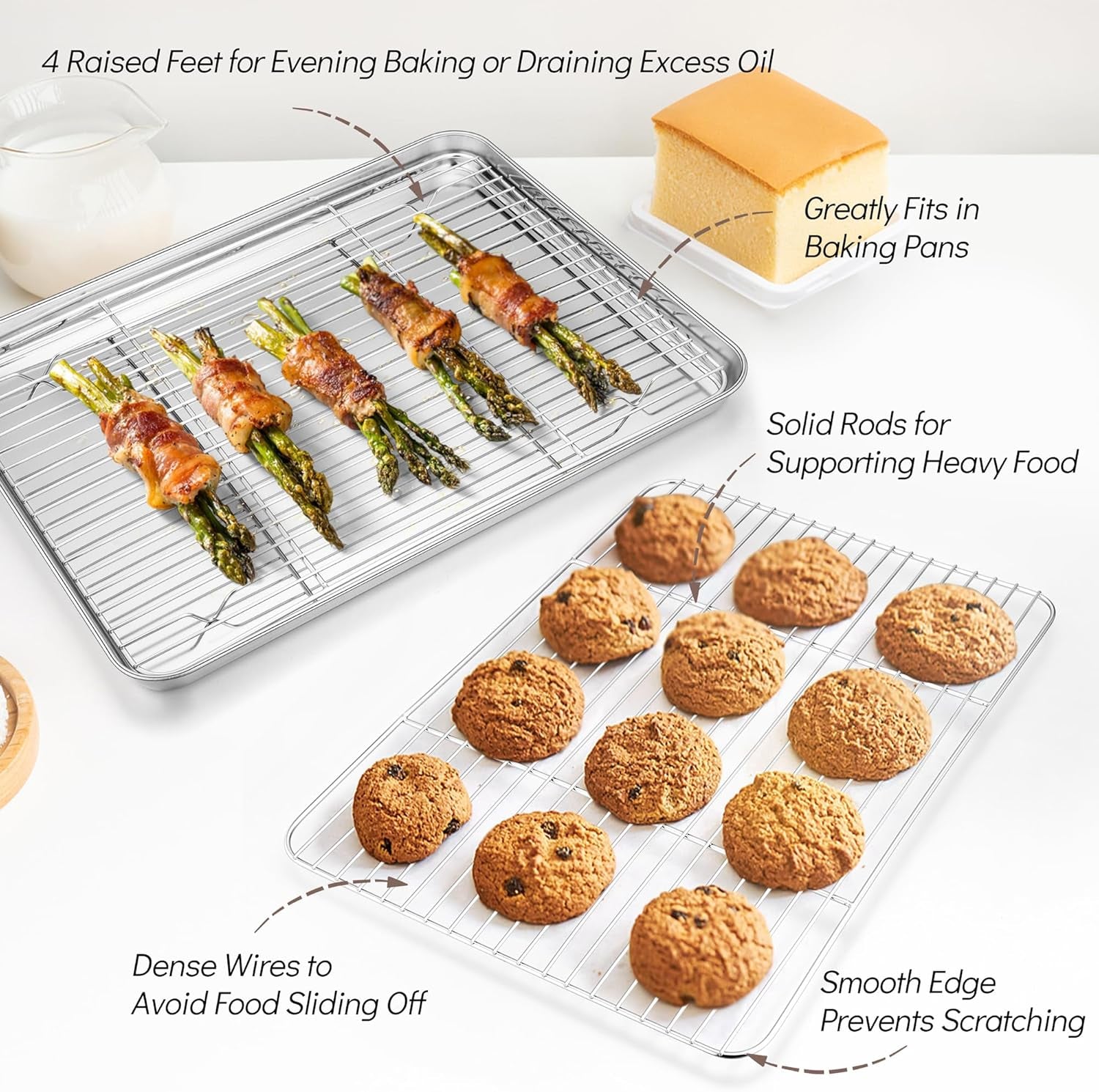 Teamfar Baking Sheet with Rack Set (2 Pans + 2 Racks), Stainless Steel Baking Pan Cookie Sheet for Baking, Non Toxic & Healthy, Easy Clean & Dishwasher Safe - 4 Pack