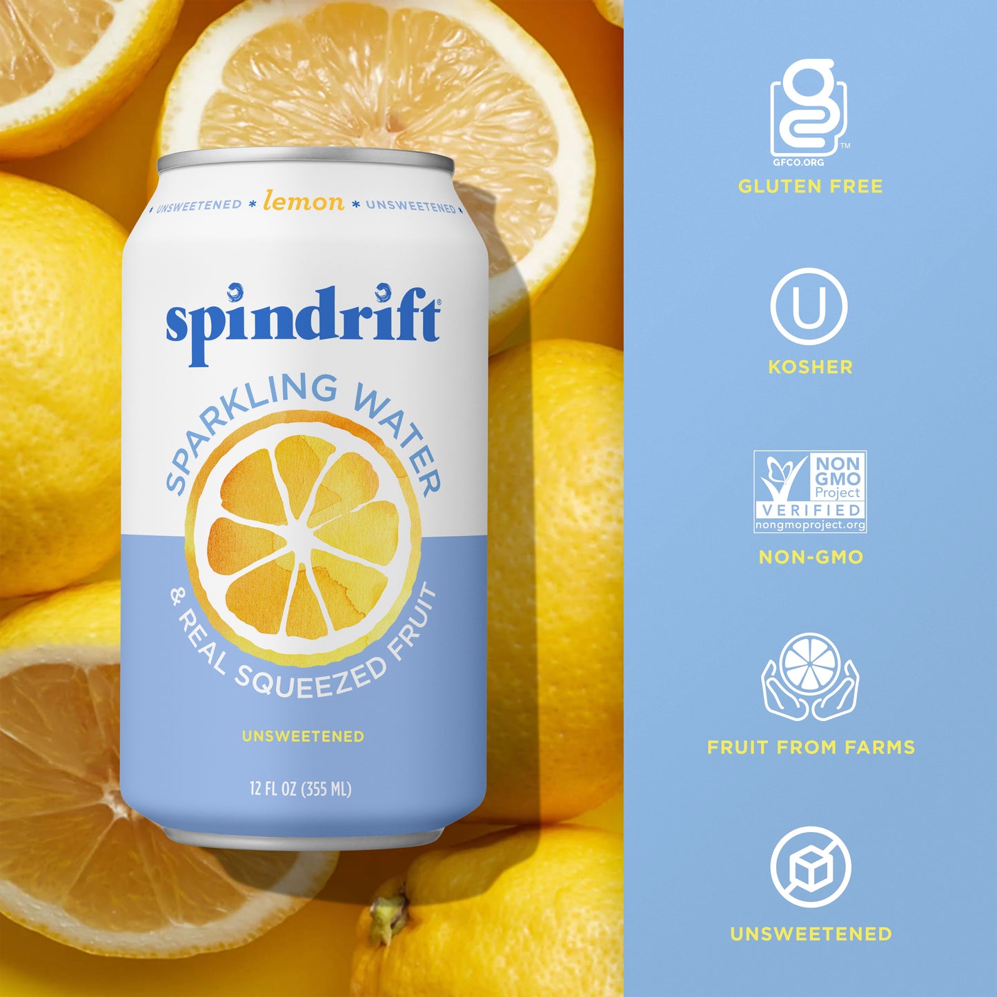 Spindrift Lemon Sparkling Water, 12 Fl Oz, 8 Count, No Sugar, 1 Calorie