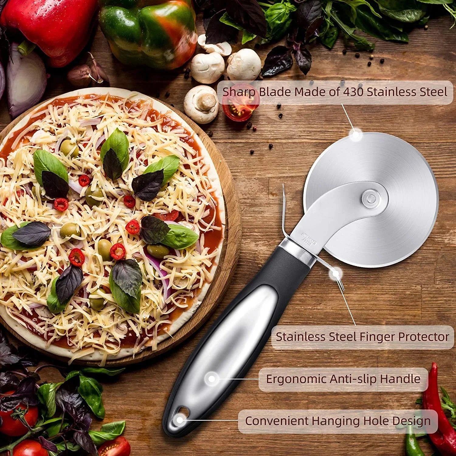 Pizza Cutter Wheel, BUSATIA Food Grade Stainless Steel Super Sharp Pizza Cutter, Heavy Duty Pizza Slicer Wheel Cutter with Non Slip Handle and Finger Protector