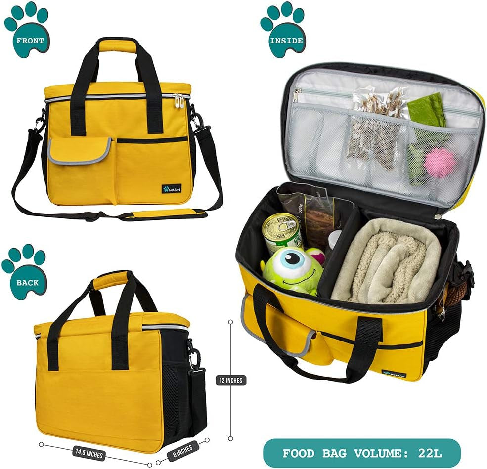 Petami Dog Travel Bag Organizer, Pet Travel Kit with 2 Food Containers & 2 Collapsible Dog Bowls, Pet Supplies Tote with Luggage Sleeve, Weekend Road Trip Camping Essentials, Yellow, Medium