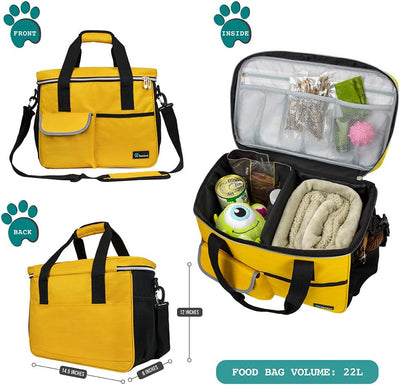 Petami Dog Travel Bag Organizer, Pet Travel Kit with 2 Food Containers & 2 Collapsible Dog Bowls, Pet Supplies Tote with Luggage Sleeve, Weekend Road Trip Camping Essentials, Yellow, Medium