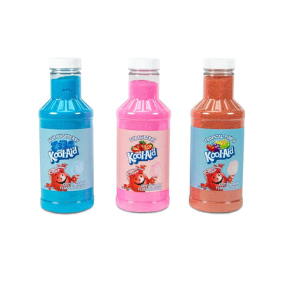 Nostalgia Kool-Aid Cotton Candy Variety Kit – 3 Flossing Sugar Flavors (Blue Raspberry, Strawberry, Tropical Punch) – 7-Oz Bottles – Compatible with Cotton Candy Makers – Party Supplies