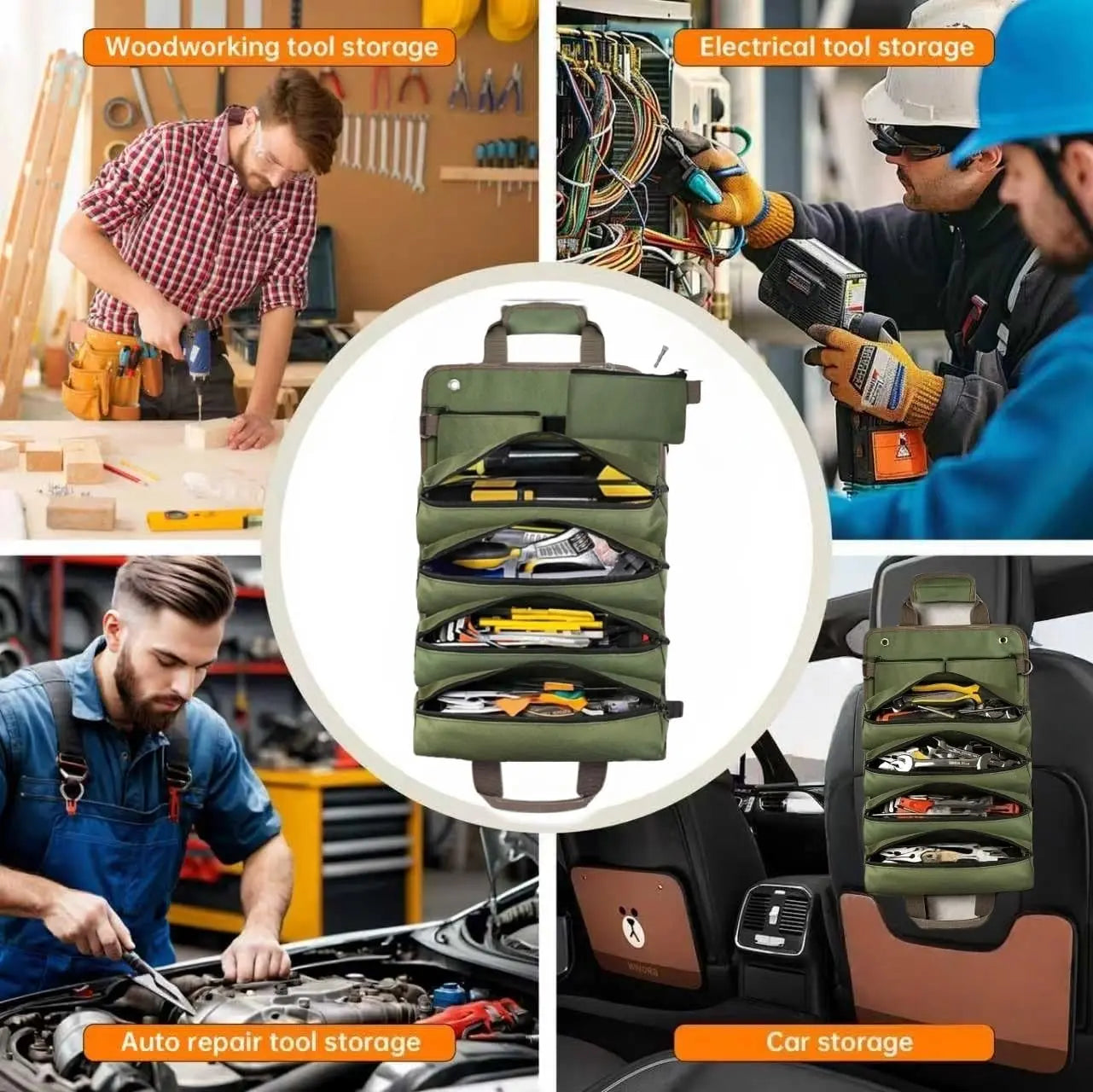 Tool Bag, Tool Bags for Men, Heavy Duty Tool Organizer, Portable Roll up Tool Bag Gifts for Him, Mechanic, Electrician and Hobbyist, Car Tool Roll Organizer -Green