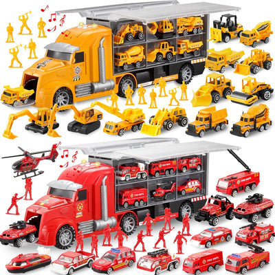 JOYIN 25Pcs Die-Cast Construction Play Vehicle Set with 25Pcs Rescue Emergency Fire Truck Car Vehicle Toy Set, Carrier Truck with Sounds and Lights, Birthday Gifts for over 3 Years Old Boys