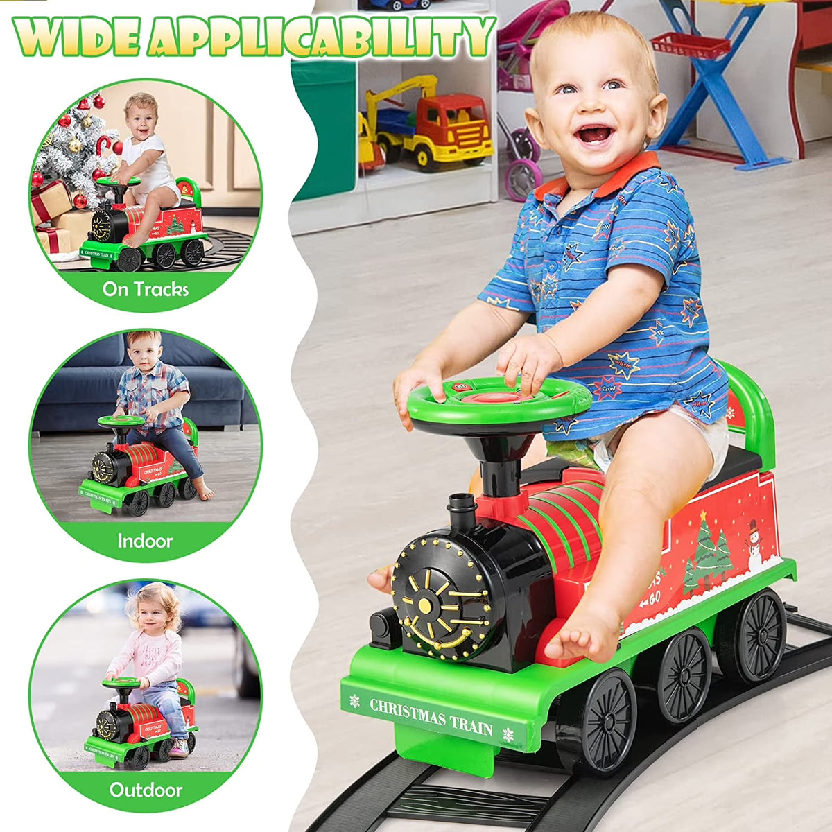 OLAKIDS Kids Ride on Train with Track, 6V Electric Toy with Lights and Sounds, Retractable Footrest, under Seat Storage, Christmas Theme Battery Powered Gift for Toddlers Boys Girls (Christmas Style)