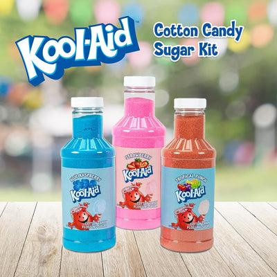 Nostalgia Kool-Aid Cotton Candy Variety Kit – 3 Flossing Sugar Flavors (Blue Raspberry, Strawberry, Tropical Punch) – 7-Oz Bottles – Compatible with Cotton Candy Makers – Party Supplies