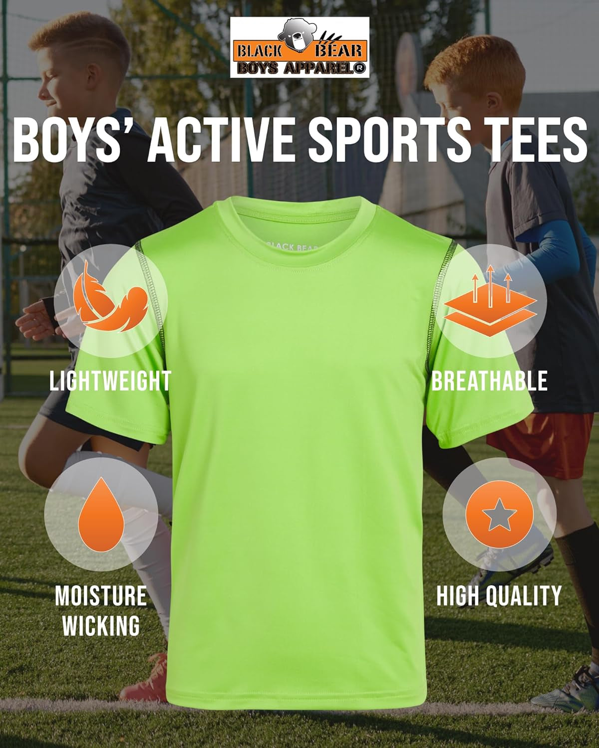 Black Bear Boys Active Shirt - 4 Pack Athletic Performance Dry Fit Youth Shirt for Boys - Short Sleeve Kids Tshirts