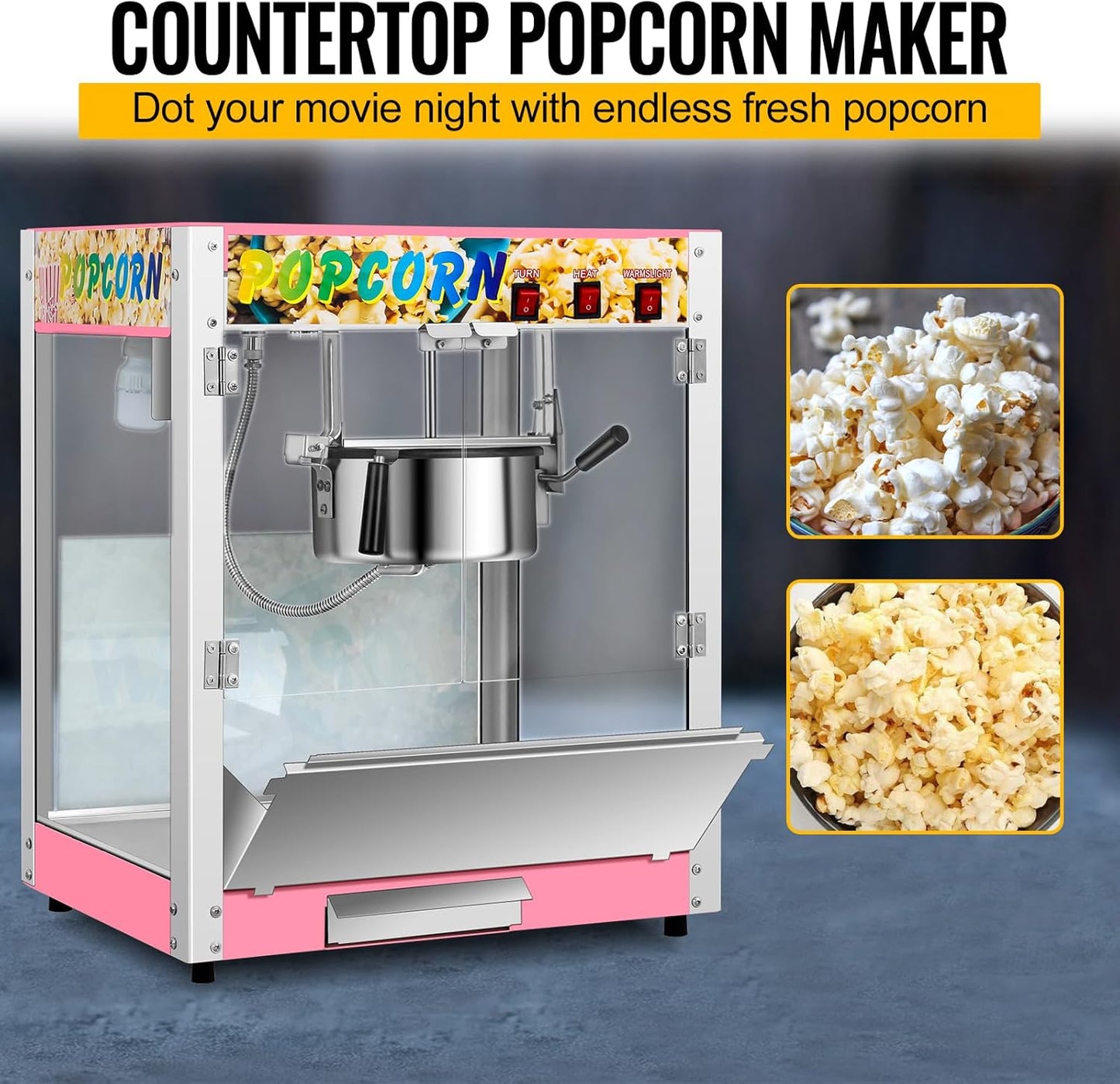 Commercial Countertop Popcorn Maker Machine 8 Ounce Kettle Movie Theater Automatic Popcorn Popper with Heating Rod Heat Lamp Safety Tempered Glass Doors