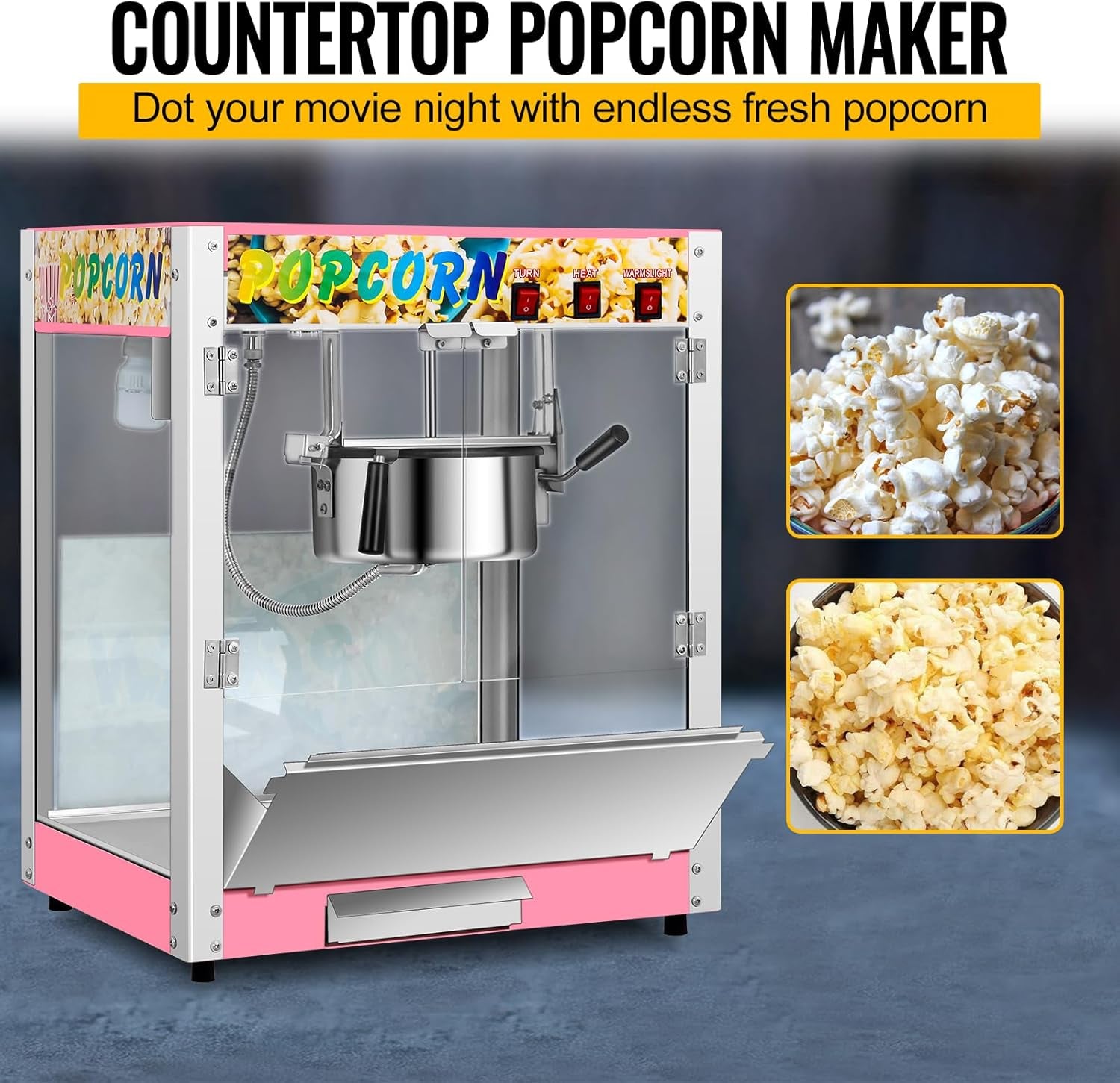Commercial Countertop Popcorn Maker Machine 8 Ounce Kettle Movie Theater Automatic Popcorn Popper with Heating Rod Heat Lamp Safety Tempered Glass Doors