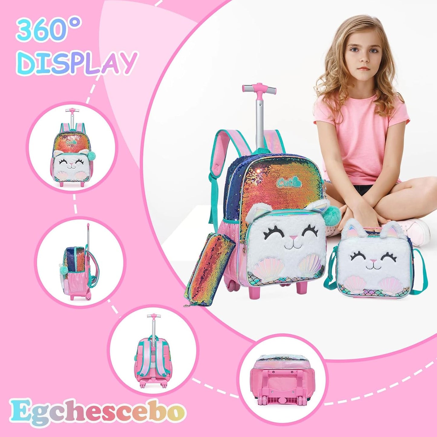Kids Rolling Cats Backpack for Girls Plush Trolley Suitcases Luggage Travel with Wheels Bookbag Wheeled 17" Roller Backpacks Set Toddler Back Pack School Bags for Elementary Champagne