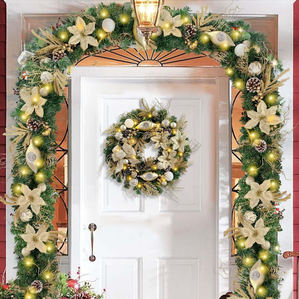 WANNA-CUL Pre-Lit 24 Inch Champagne Gold Christmas Wreath for Front Door