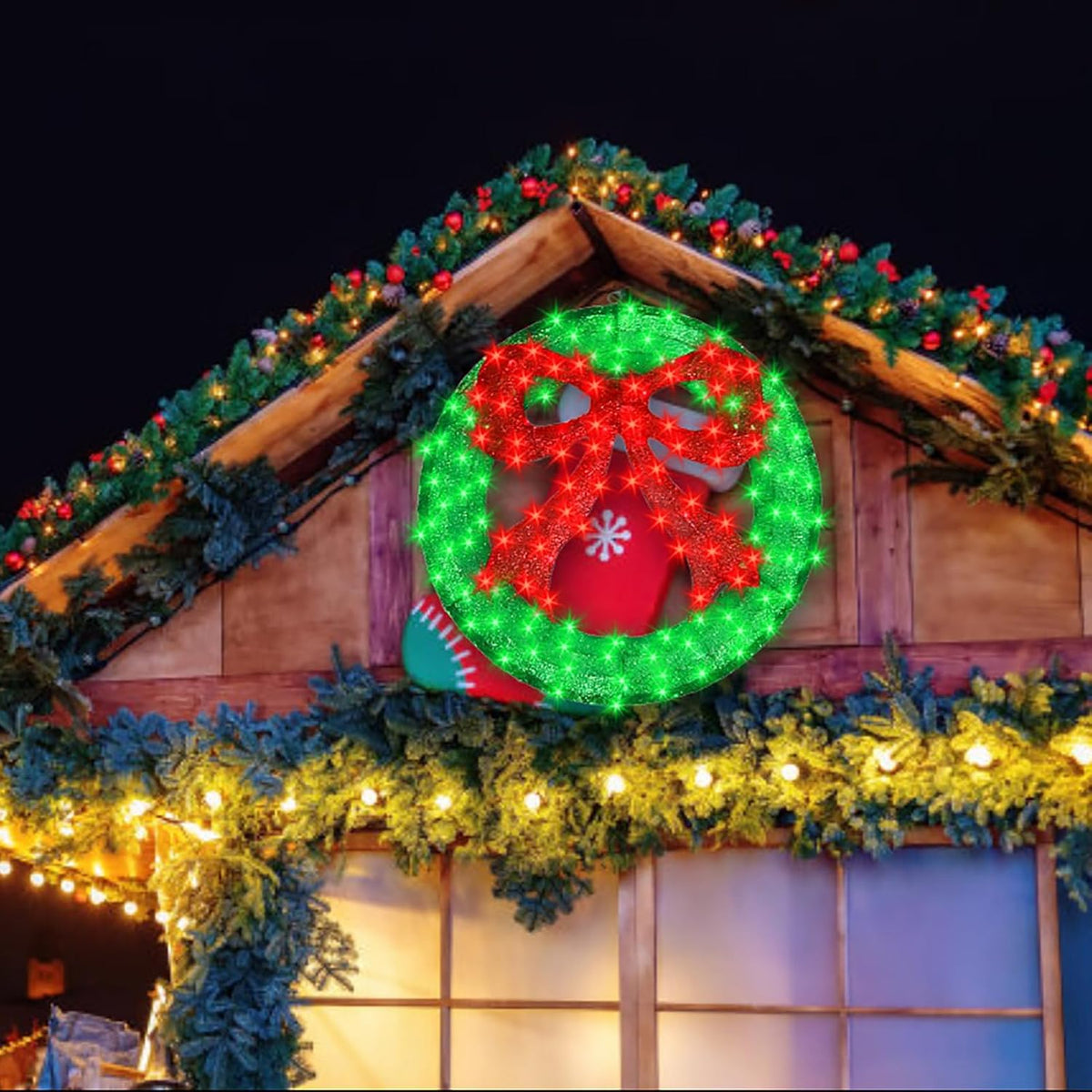 36 Inch Pre-Lit Outdoor Christmas Wreath with Bow, Red Bow - Green Wreath
