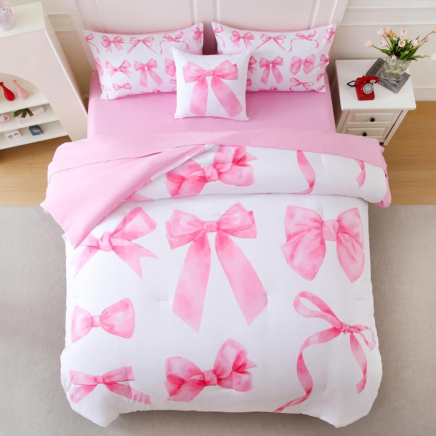Twin Comforter Sets Pink Bed in a Bag for Girls, 6 Pieces Bow Twin Size Bedding Sets with Sheets for Kids