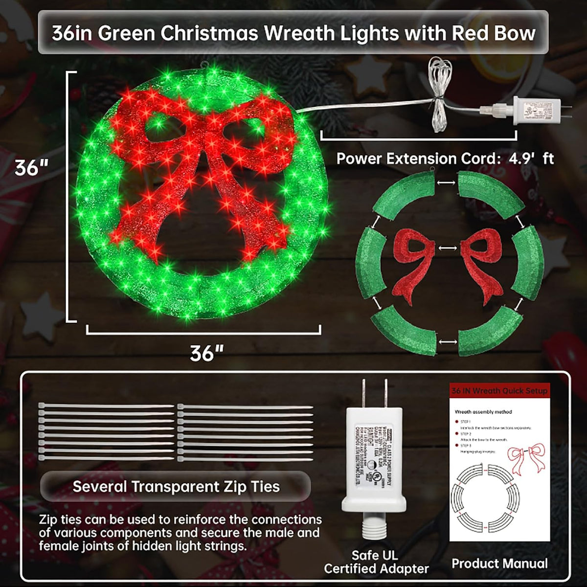 36 Inch Pre-Lit Outdoor Christmas Wreath with Bow, Red Bow - Green Wreath