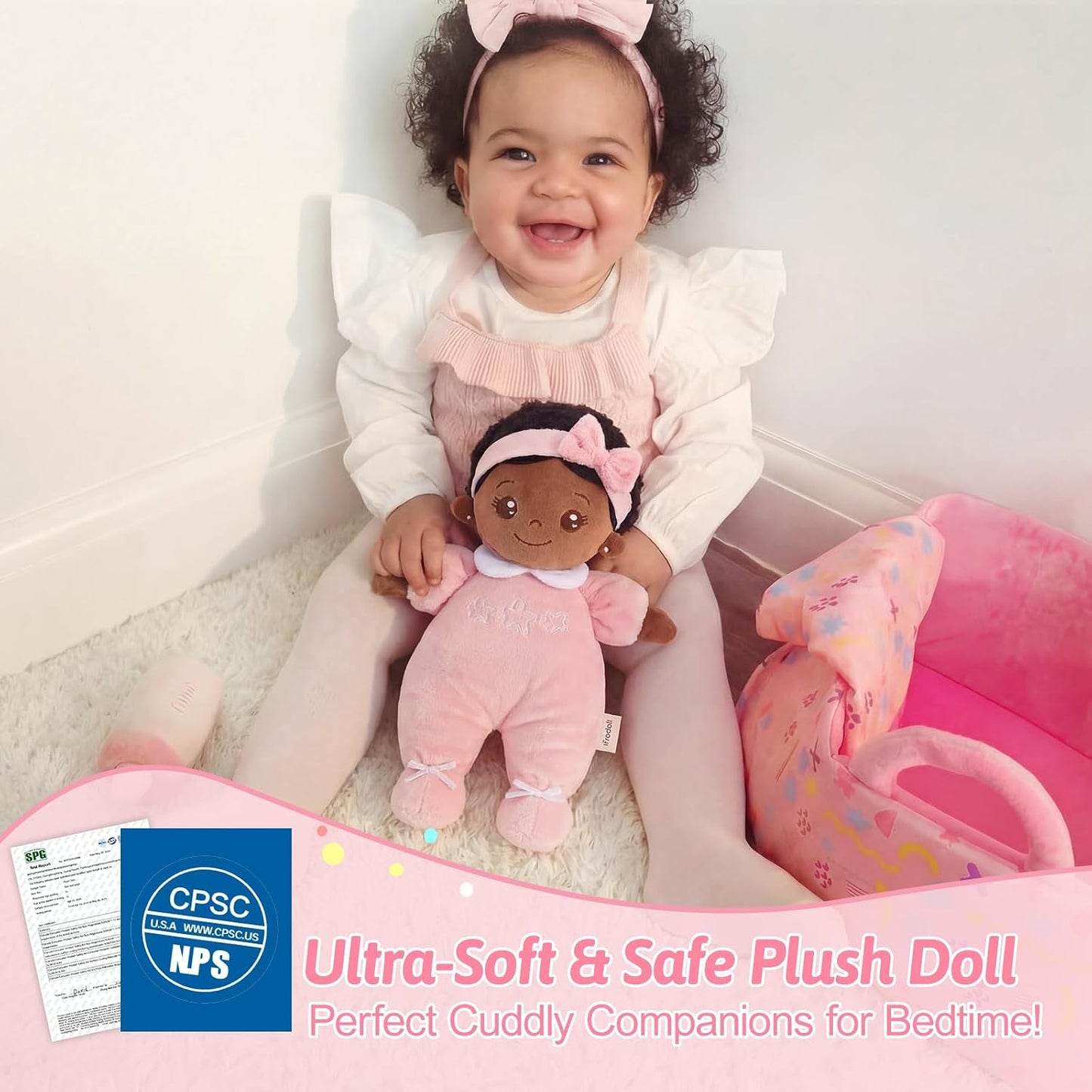 OUOZZZ Baby Doll Accessories with Black Doll, Bassinet, Blanket and Bottle | Interactive Pretend Playset for Social Emotional Learning, Educational Toy for 2 Year Old Girls