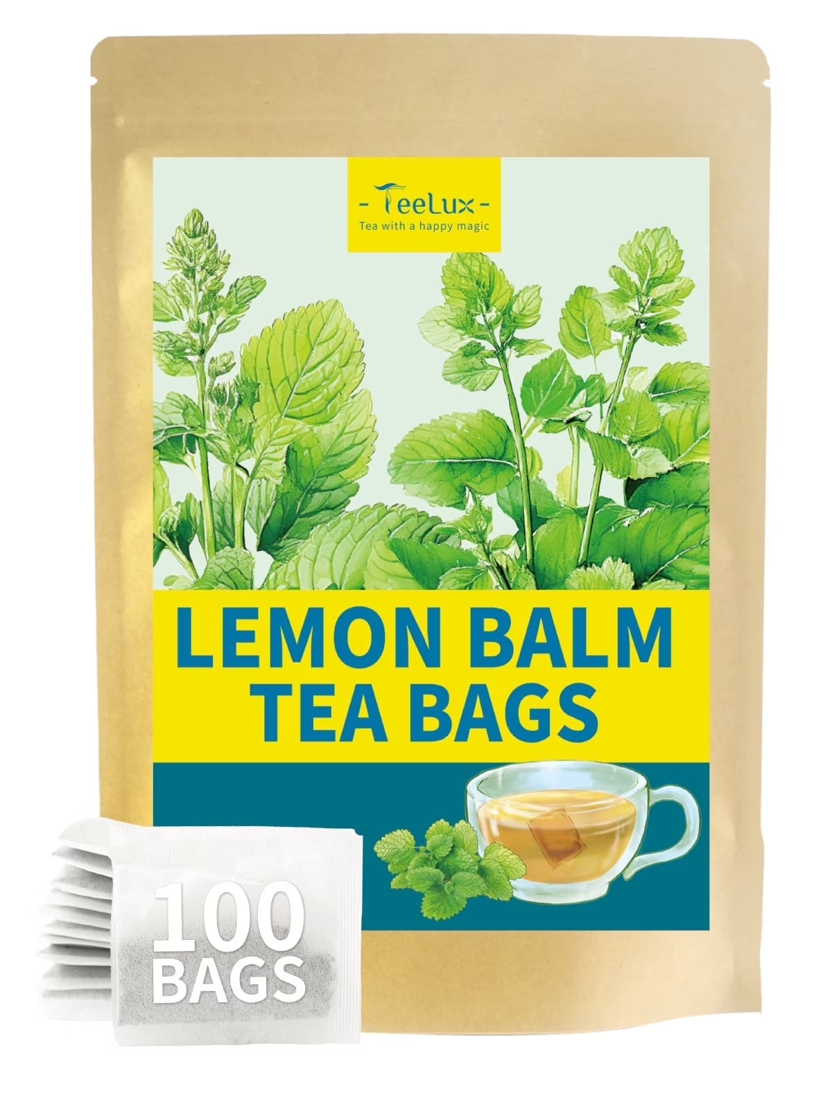Teelux Lemon Balm Tea Bags, Pure & Natural Lemon Balm Herbal Tea, Lemony & Citrusy Flavor, Caffeine Free, 100 Count