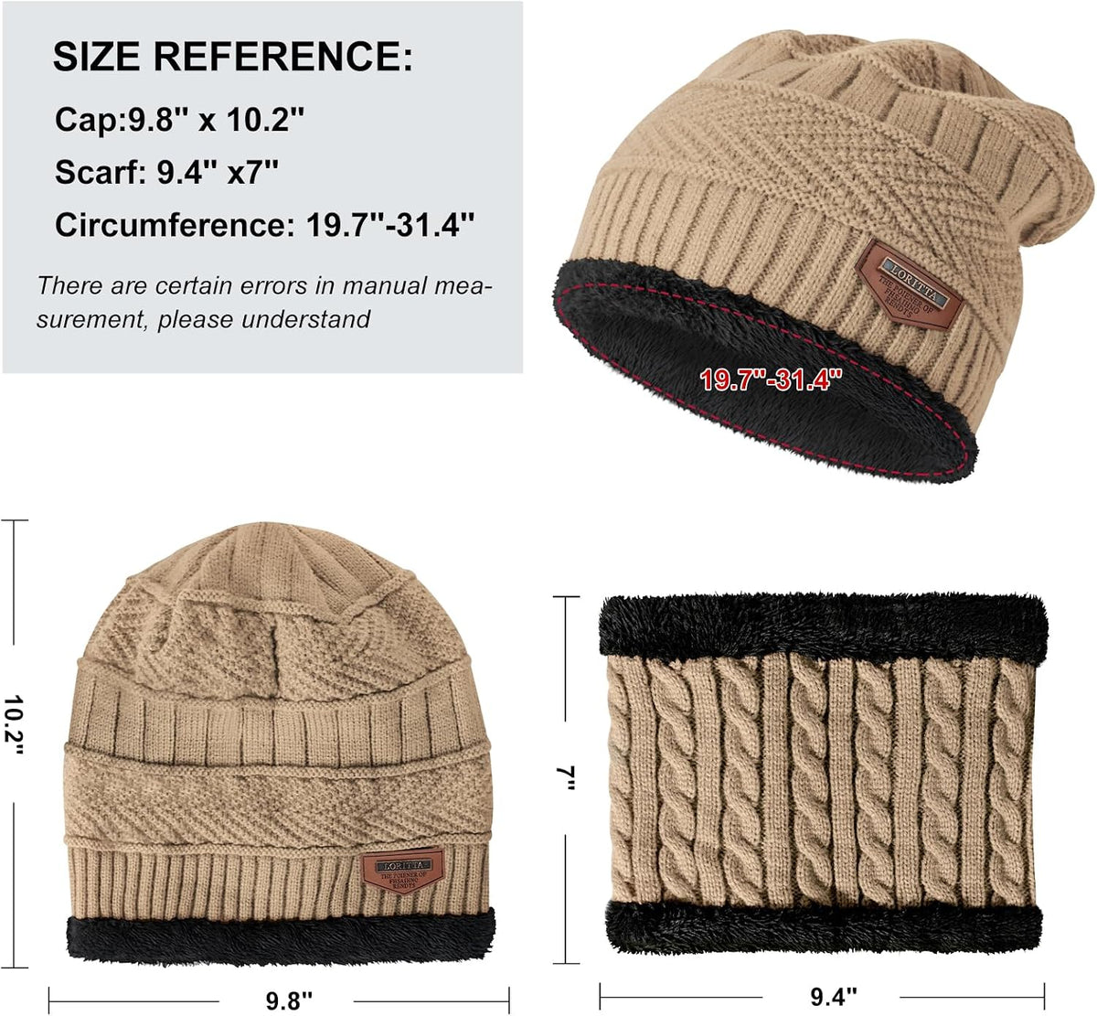 Loritta Winter Hats for Men, 3 PCS Fleece Beanie Scarf Gloves Set